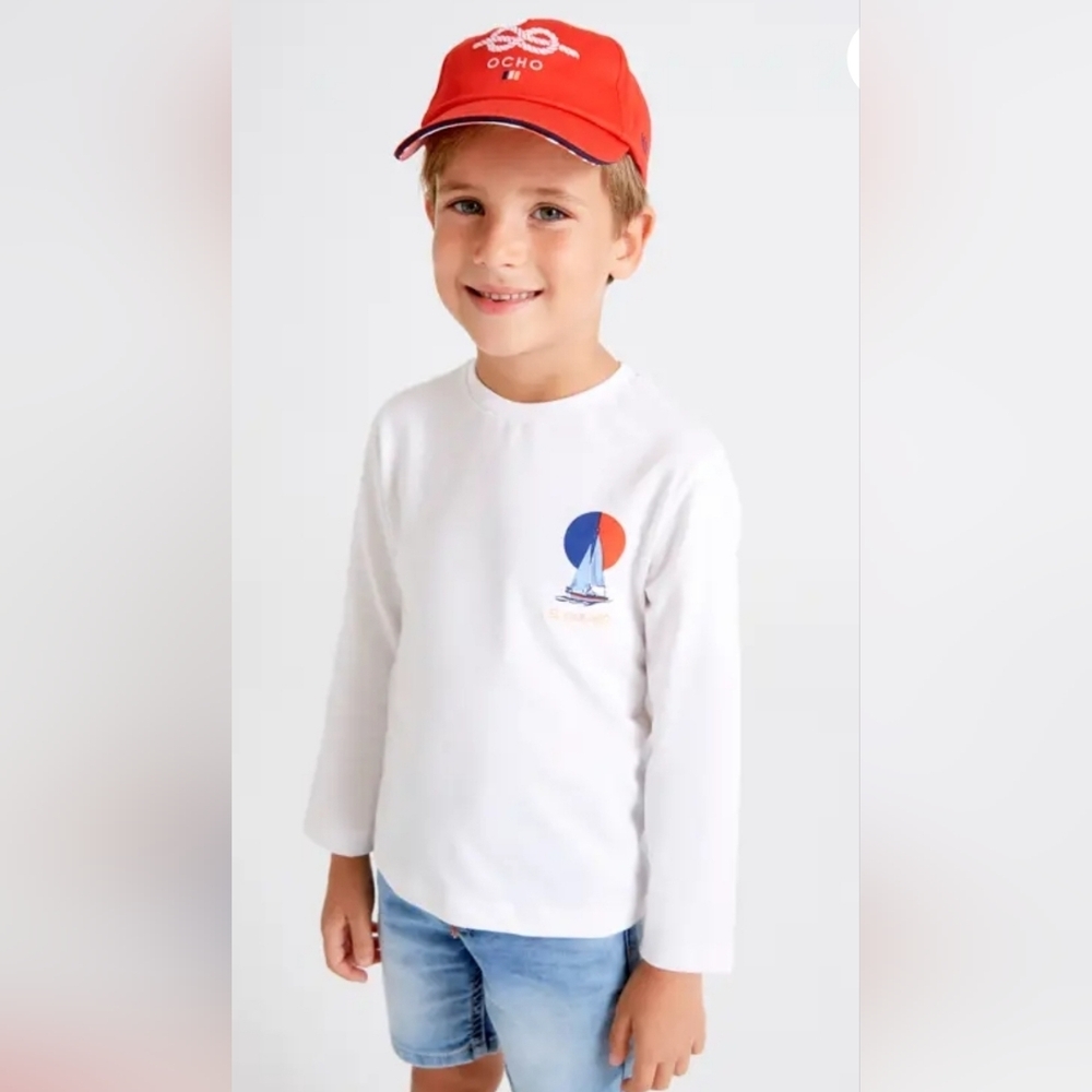 Mayoral White Long Sleeve Shirt with Sailboat Design